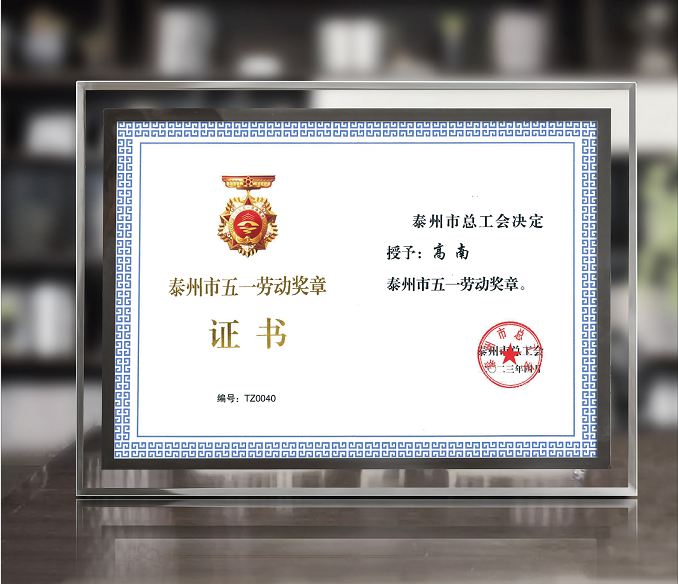 欧博abg(中国)科技董事长高南先生荣获泰州市“五一”劳动奖章